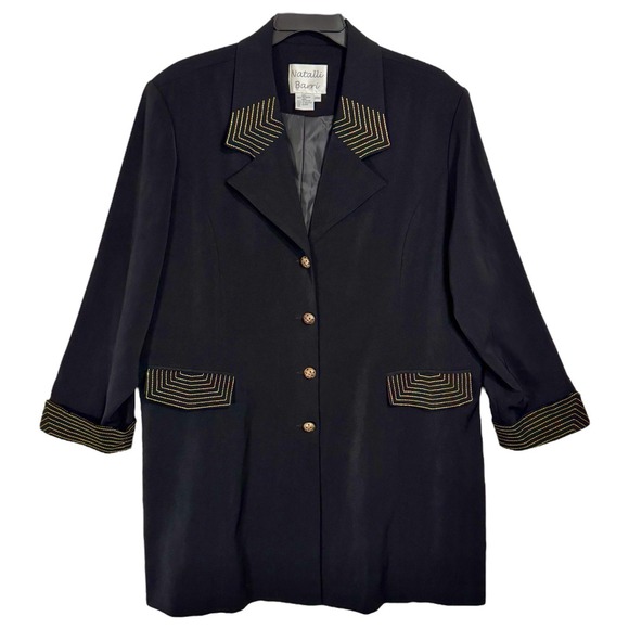 Vintage Long Blazer Jacket Plus Size 28 28W Black Gold Embroidered Oversized 90s - Picture 1 of 13